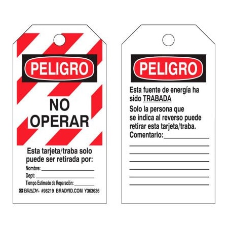 Brady Brady 98219 Lockout Tag- Peligro No Operar, Spanish, 2 Sided, Polyester, 25/Pack 98219